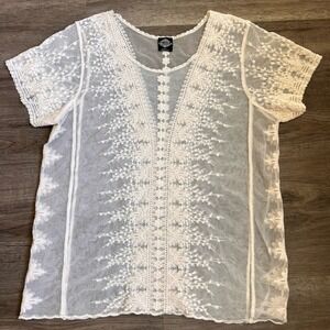 Calstyle Women's Delicate White Lace and sheer Blouse